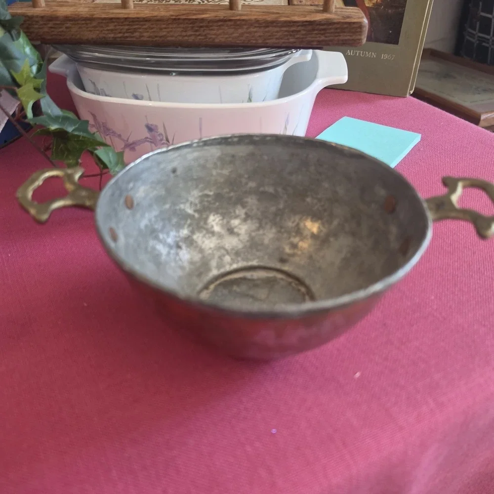 Antique Primitive 18th/19th Century Tinned Copper Bowl Solid Brass Handles